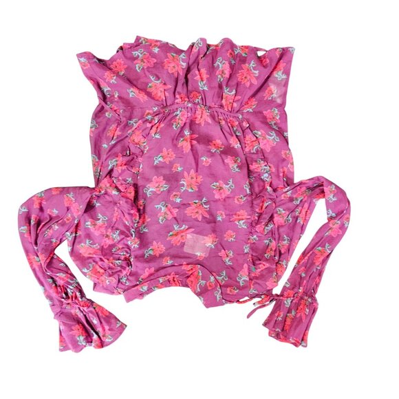 Floral Wrap Ruffle Blouse V-Neck Long Sleeve Sheer Tie Waist Women's Top Size S - Picture 9 of 14